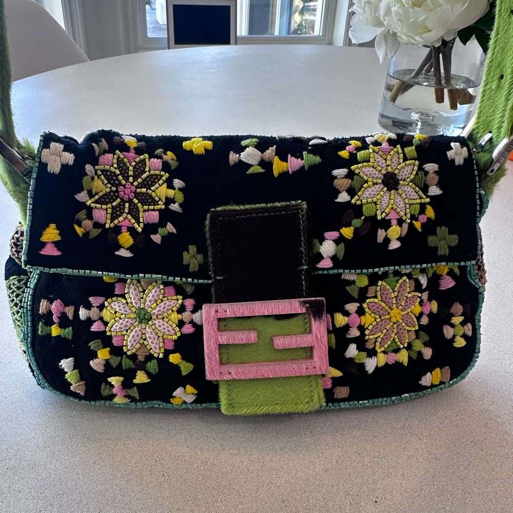 Authentic Fendi hand embroidery Floral Baguette Shoulder Bag- limited edition